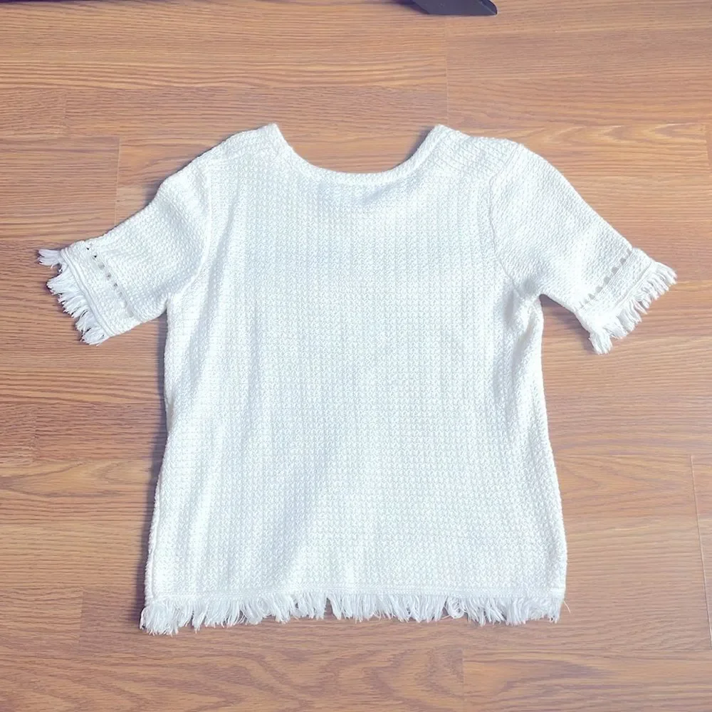 J Crew fringe short sleeve sweater white 100% cotton size small top NWOT